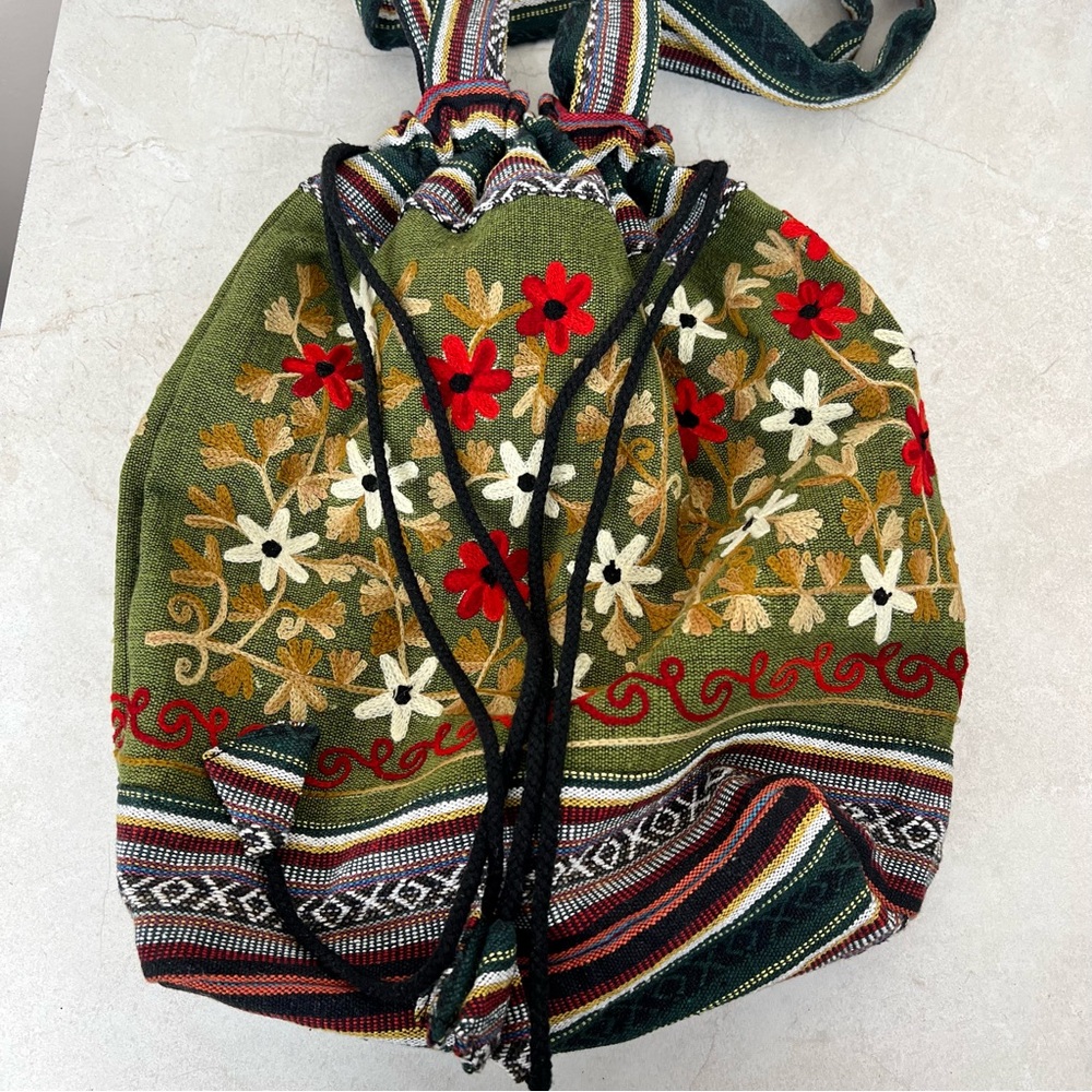 Boho Drawstring Tote Bag Embroidered Flowers Made in Nepal - Picture 5 of 11